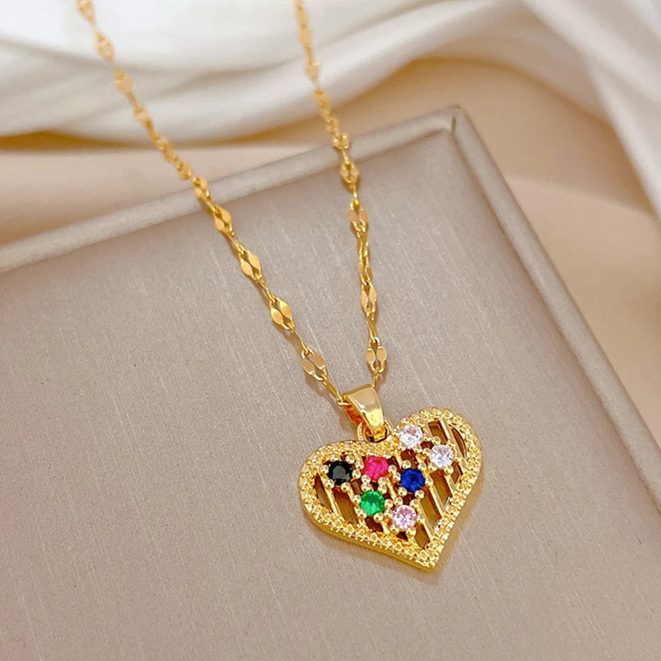 “Gold Geometric Heart Necklace – Zircon Stainless Steel Jewelry Gift”