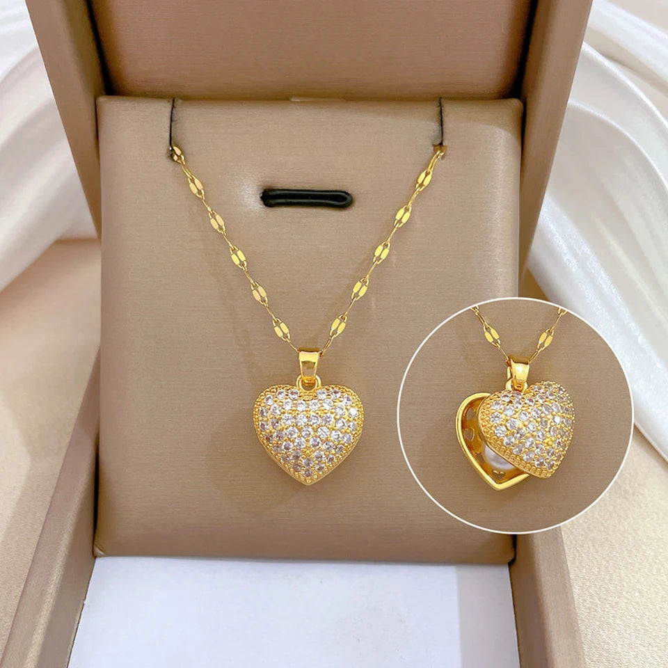 “Gold Geometric Heart Necklace – Zircon Stainless Steel Jewelry Gift”