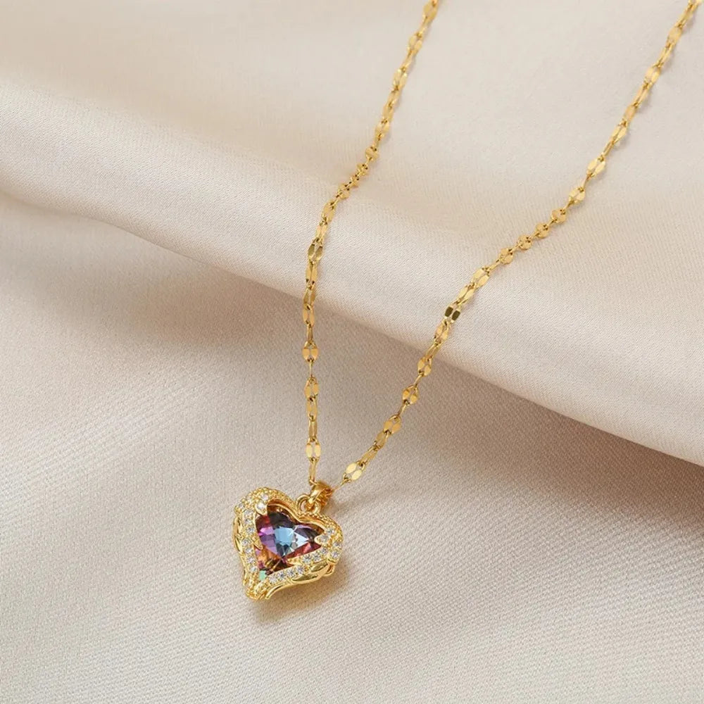 “Colorful Crystal Ocean Heart – Premium 316L Steel Necklace”