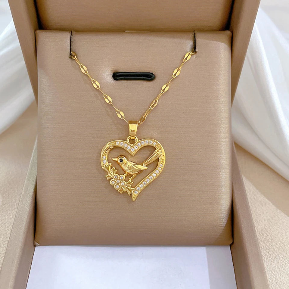 “Gold Geometric Heart Necklace – Zircon Stainless Steel Jewelry Gift”