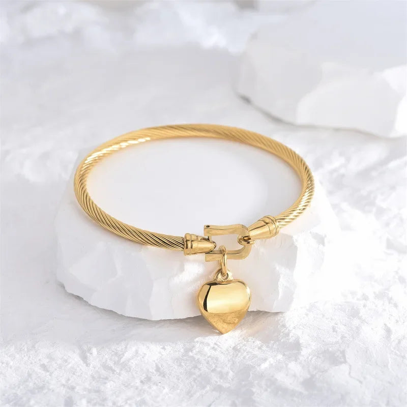 “Gold Heart Charm Bangle – Unisex Stainless Steel Bracelet”