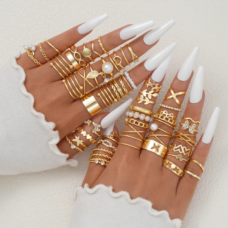 “Trendy Geometric & Hollow Rings Set – 58PCS Fashion Jewelry for Women”