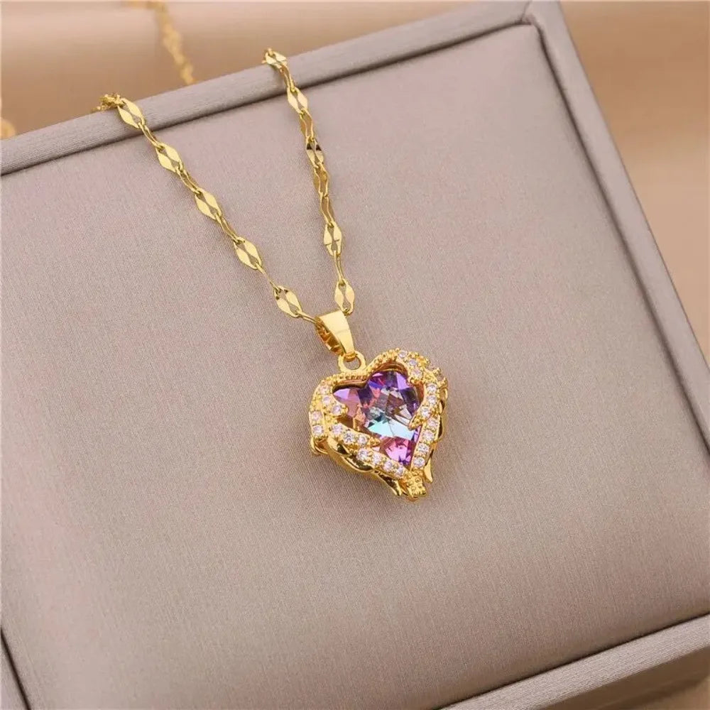 “Colorful Crystal Ocean Heart – Premium 316L Steel Necklace”