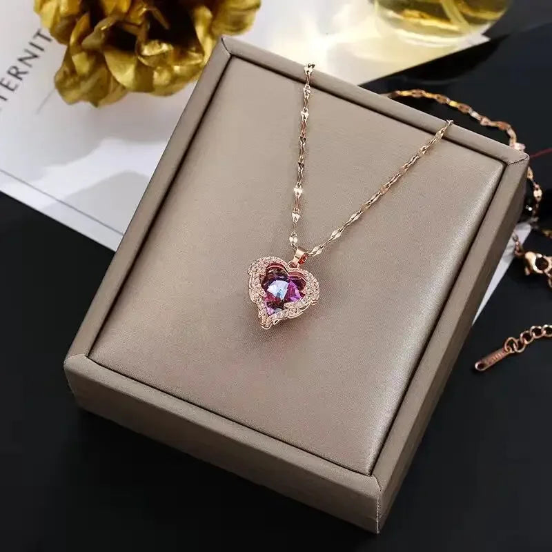 “Colorful Crystal Ocean Heart – Premium 316L Steel Necklace”