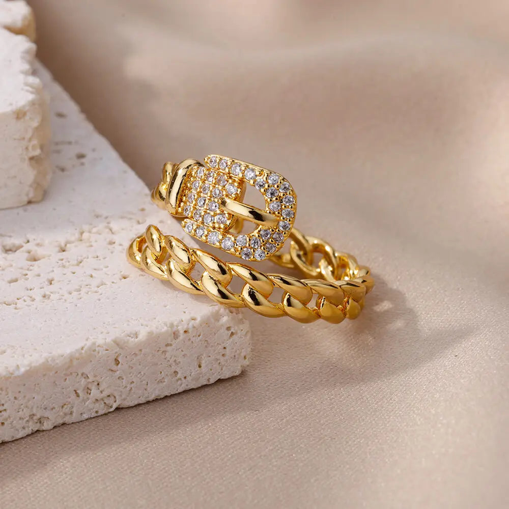 Zircon Belt Adjustable Ring for women _stainless steel