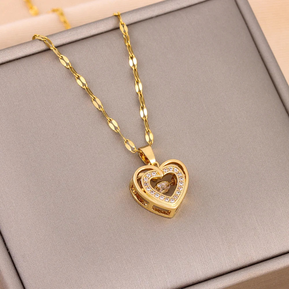 “Gold Geometric Heart Necklace – Zircon Stainless Steel Jewelry Gift”