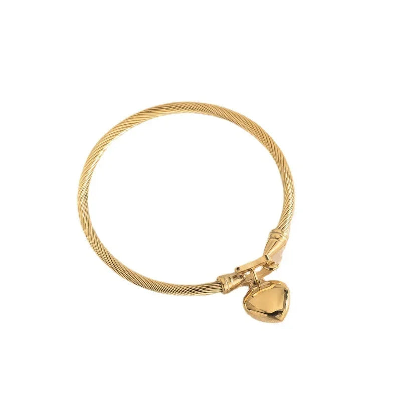 “Gold Heart Charm Bangle – Unisex Stainless Steel Bracelet”
