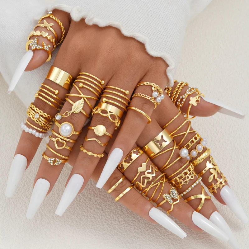 “Trendy Geometric & Hollow Rings Set – 58PCS Fashion Jewelry for Women”