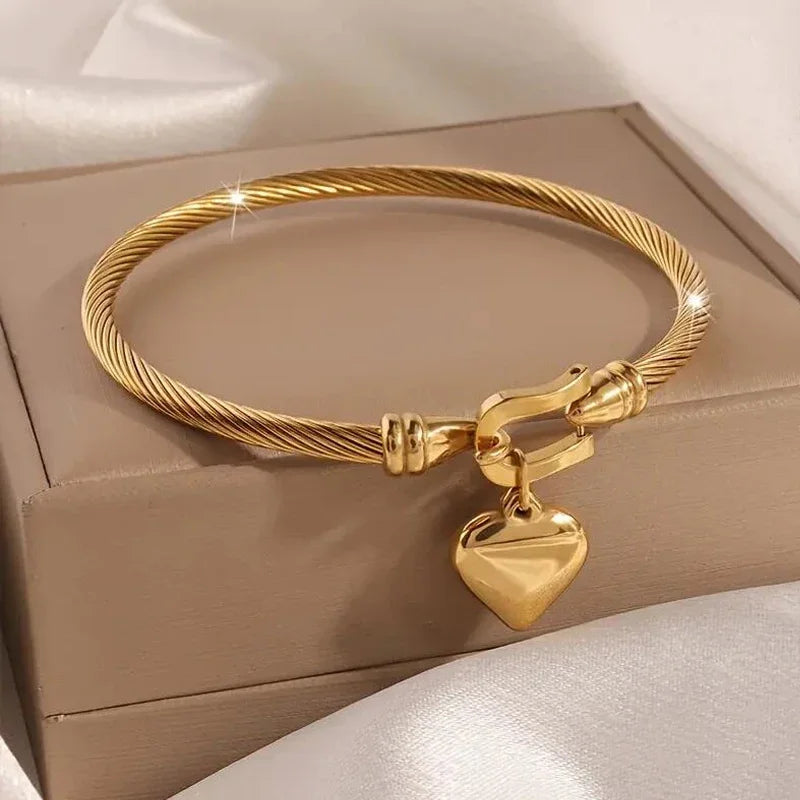 “Gold Heart Charm Bangle – Unisex Stainless Steel Bracelet”