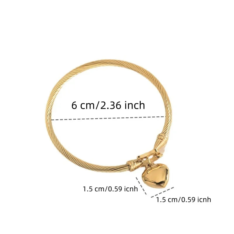 “Gold Heart Charm Bangle – Unisex Stainless Steel Bracelet”