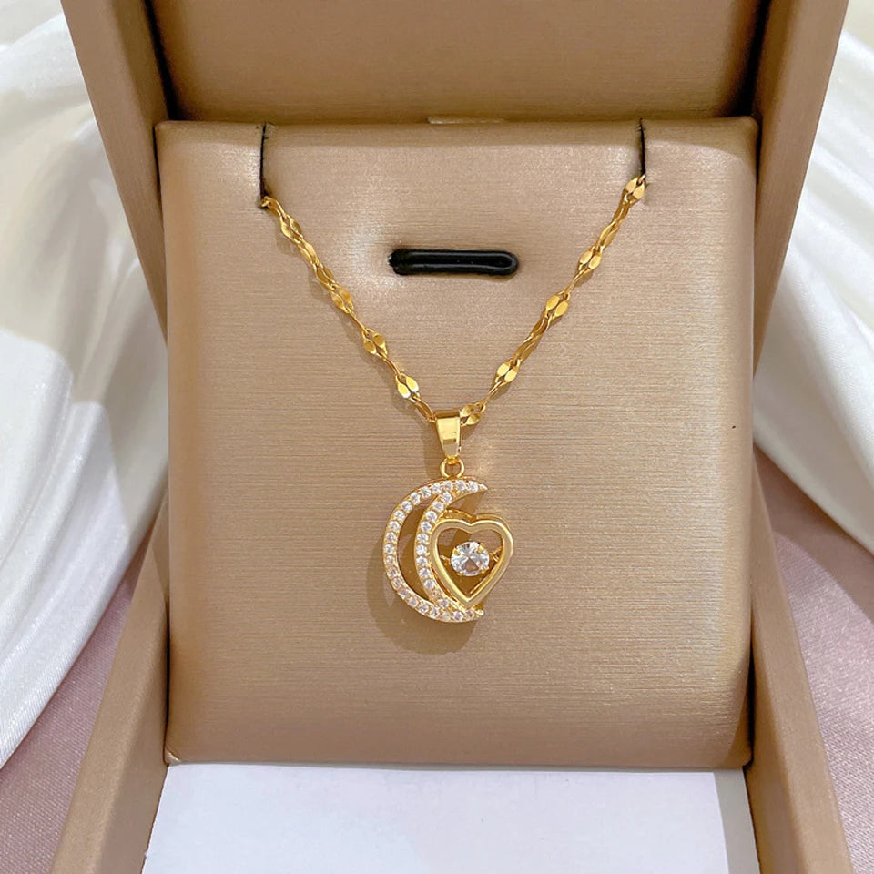 “Gold Geometric Heart Necklace – Zircon Stainless Steel Jewelry Gift”