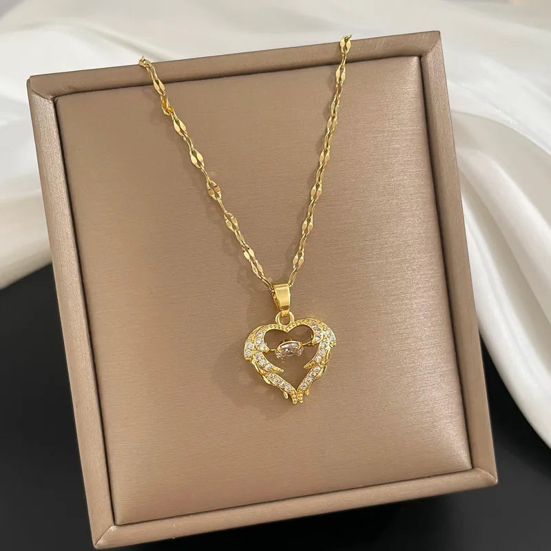 “Gold Geometric Heart Necklace – Zircon Stainless Steel Jewelry Gift”